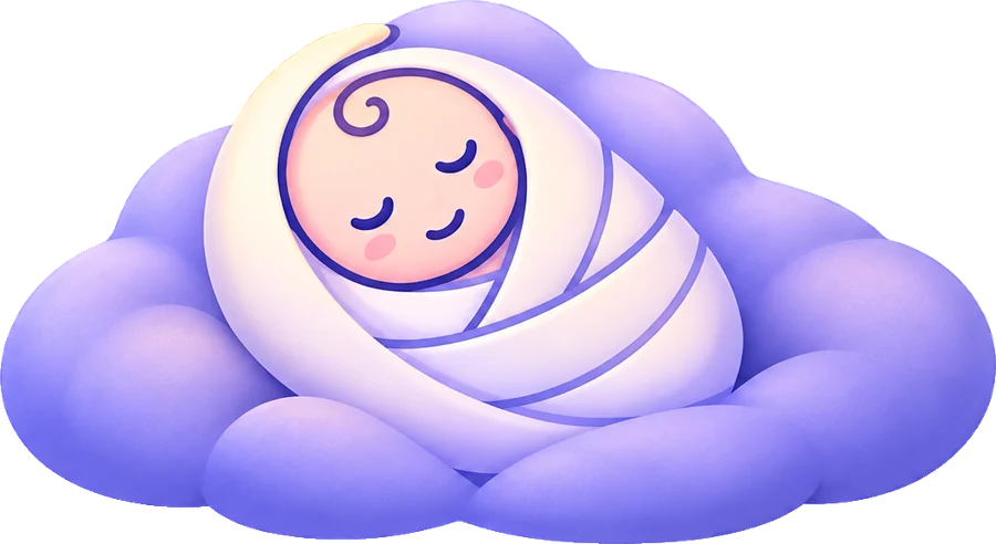 A swaddled baby asleep on a soft lavender cloud